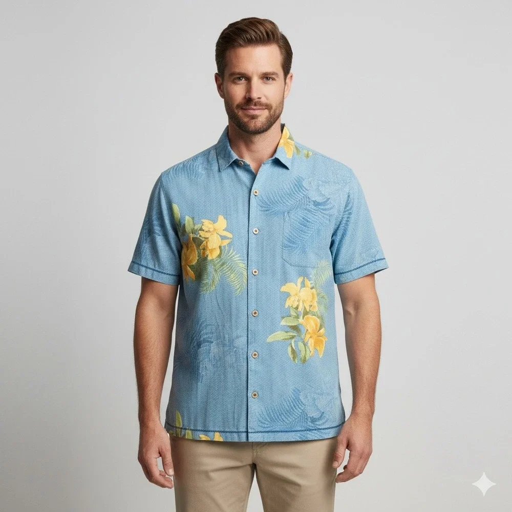 Tommy Bahama XL Mens Hawaiian Silk Shirt Blue Yellow Floral Button Front Camp‎